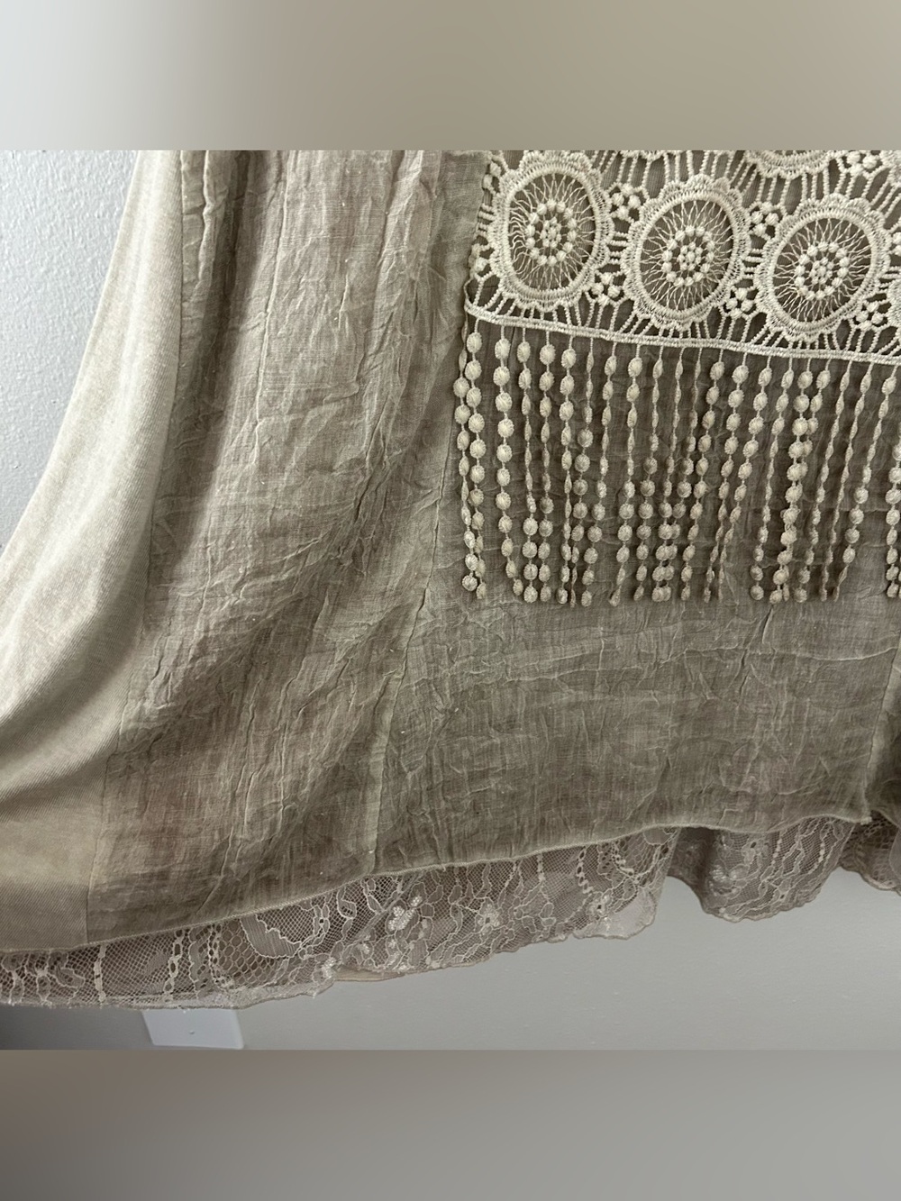 Pretty Angel Layered Tunic Top Dress L Boho Crochet Lace Fringe Artsy Linen Blen - Picture 4 of 11